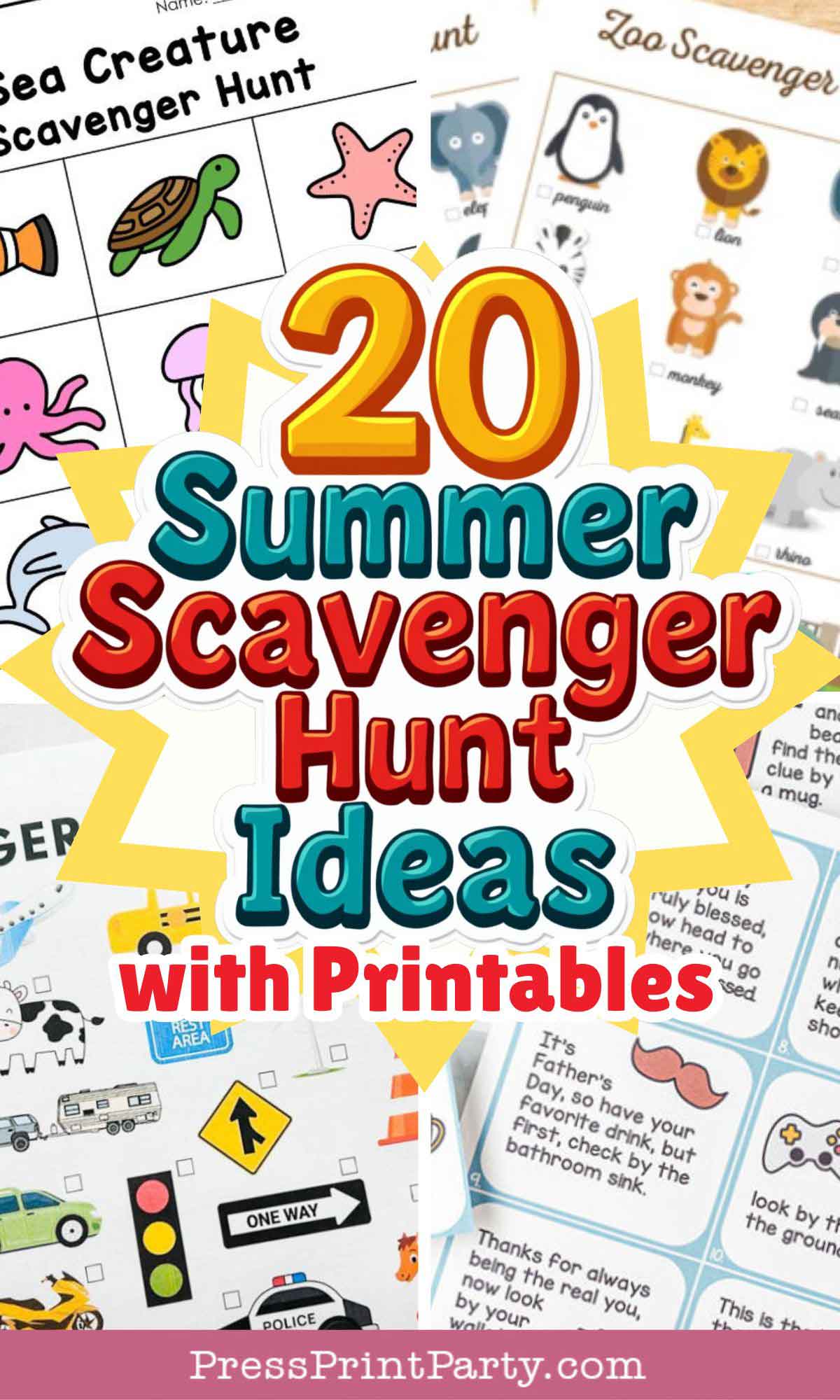 A colorful collage of printable summer scavenger hunt sheets with the text "20 Summer Scavenger Hunt Ideas with Printables" in bold, playful fonts over a yellow starburst.