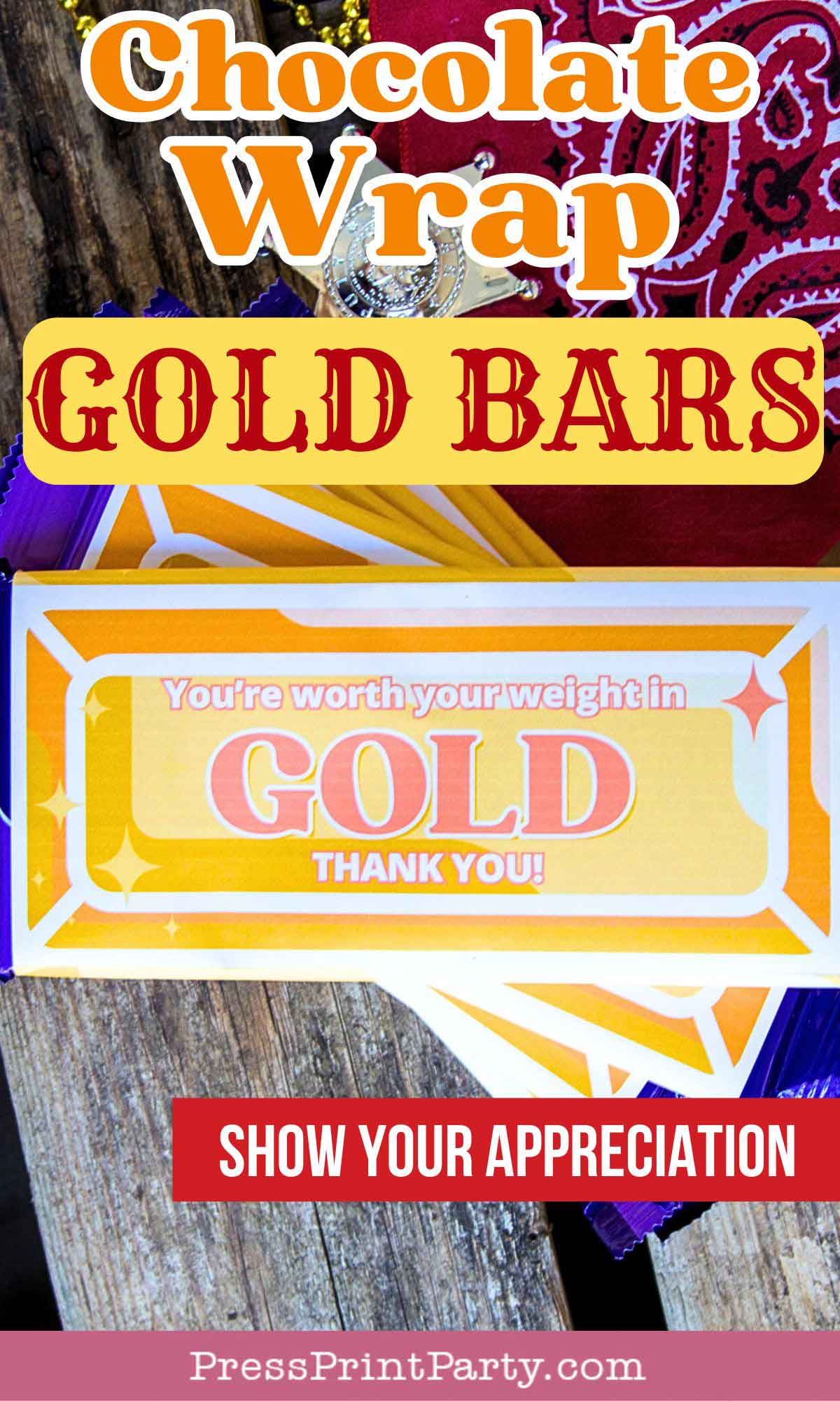A decorative label reading “You’re worth your weight in gold, thank you!” sits on a gold-wrapped chocolate bar. Text above reads “Chocolate Wrap Gold Bars”—the perfect volunteer appreciation gift to show your gratitude.
