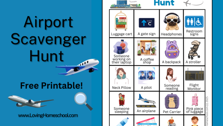 A colorful "Airport Scavenger Hunt" printable with illustrated icons of airport items like luggage, gate sign, headphones, restroom signs, coffee shop, neck pillow, airplane, and more. A small airplane graphic is on the left.