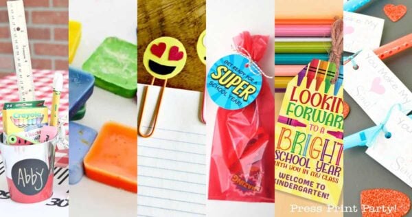 Five colorful DIY back-to-school gift ideas are shown, including back to school gifts from teacher like personalized cups with supplies, emoji magnets, a superhero-themed treat bag, a crayon tag, and bundles of pencils with heart tags.