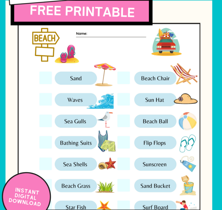 Colorful flyer for a free printable "Beach Scavenger Hunt" for kids, featuring a checklist with beach-themed illustrations and names like beach chair, waves, sand, sun hat, and more. Includes website info for download.