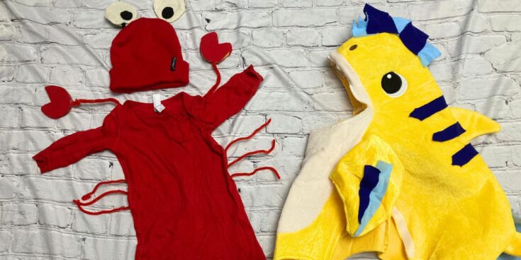 A red lobster costume with a hat featuring eyes and heart-shaped claws lies next to a yellow and blue dinosaur onesie, both spread out on a white brick-patterned background.