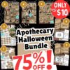 A Halloween-themed ad shows vintage apothecary labels with spider webs, a red circle stating “ONLY $37 $10,” and bold text “SPECIAL - Halloween Bundle 75% OFF!” on a black background.