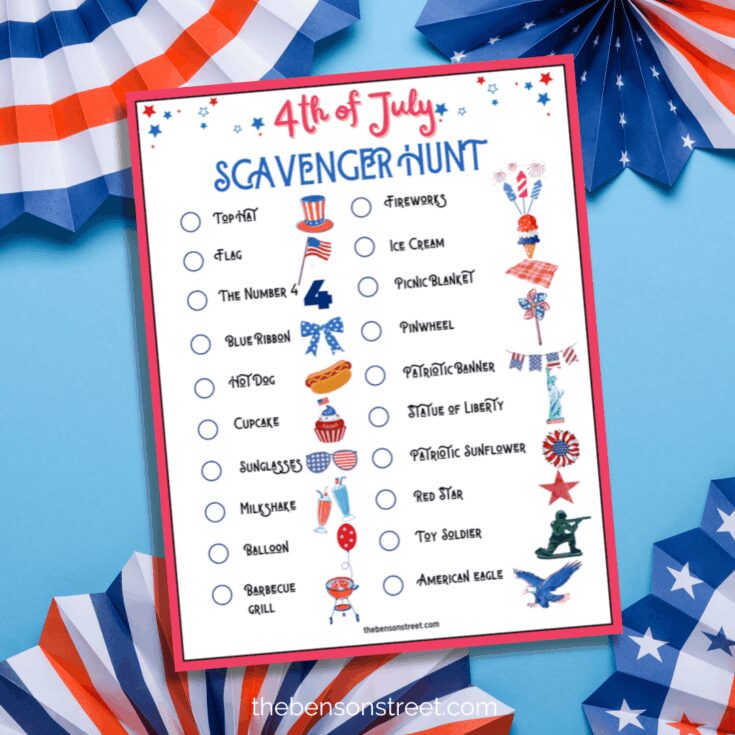 A colorful "4th of July Scavenger Hunt" checklist on a blue background with red, white, and blue decorations. The list includes festive items like a flag, fireworks, cupcakes, and sunglasses with small patriotic illustrations.