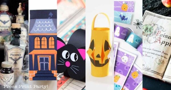 A collage of DIY Halloween crafts, including potion bottles, a haunted house, printable Halloween decorations, a black cat box, a pumpkin lantern, ghost-themed treat holders, and a handwritten Halloween party invitation.