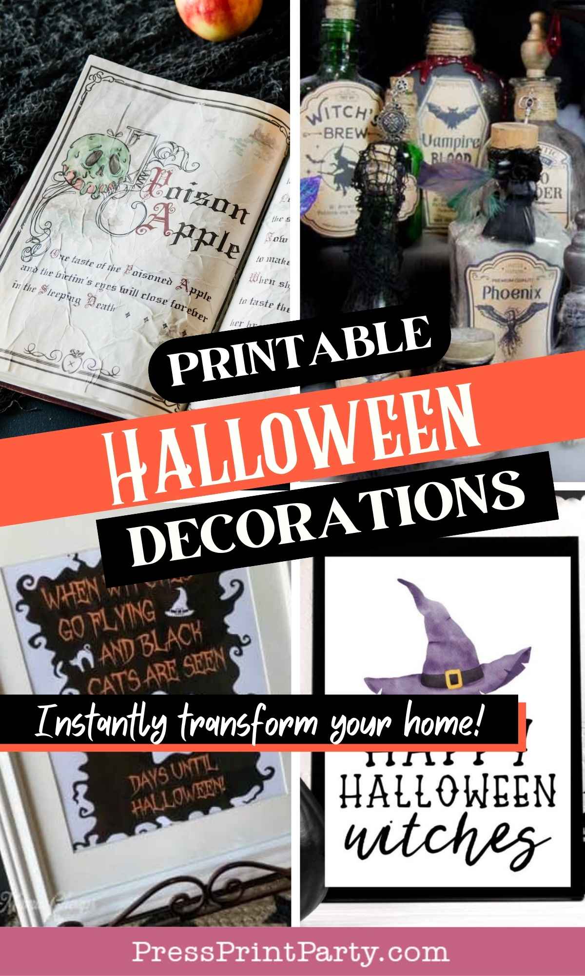 A collage of printable Halloween decorations, featuring spooky potion labels, a "Poison Apple" spell book, a black cat sign, and a witch hat graphicβall perfect for your printable Halloween decorations. Bold text reads: "Printable Halloween Decorations.