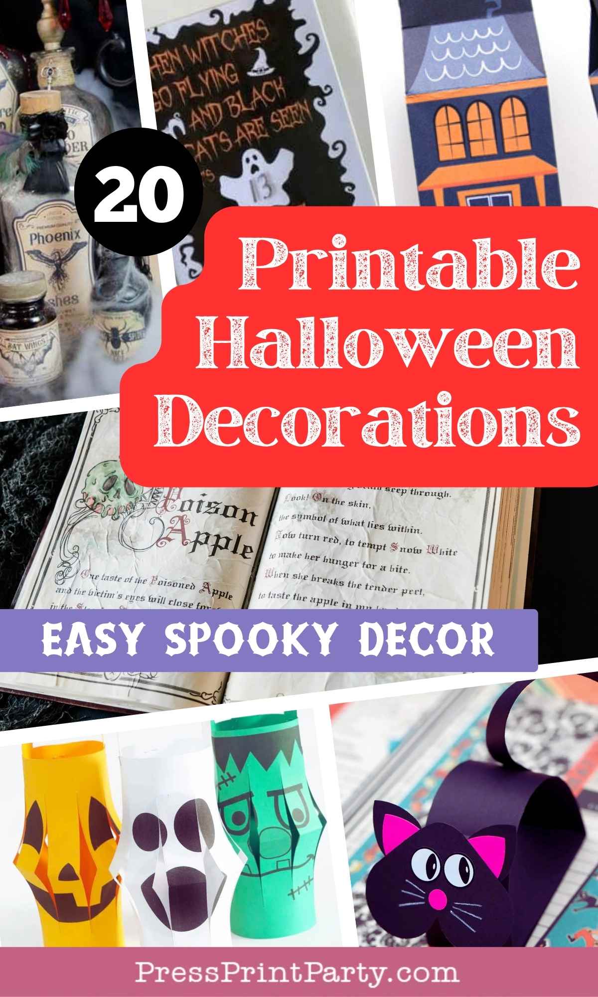 A collage featuring printable Halloween decorations: potion bottles, a haunted house, a spooky spellbook, jack-oβ-lantern paper lanterns, Frankenstein, a black cat, and the text "20 Printable Halloween Decorations.