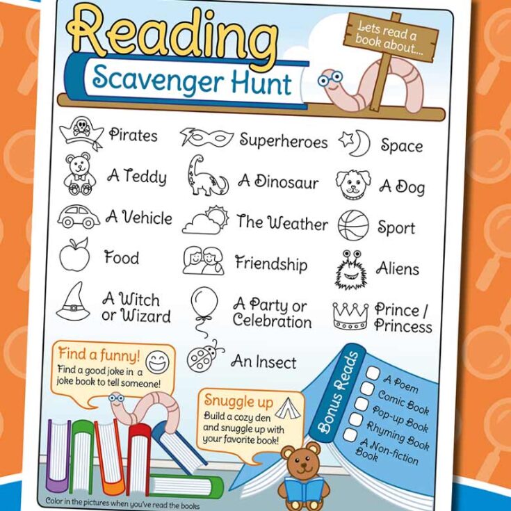 A colorful "Reading Scavenger Hunt" sheet—perfect for a summer scavenger hunt—with book-themed icons like pirates, superheroes, space, a teddy, and more, plus book suggestions and fun reading activity prompts.