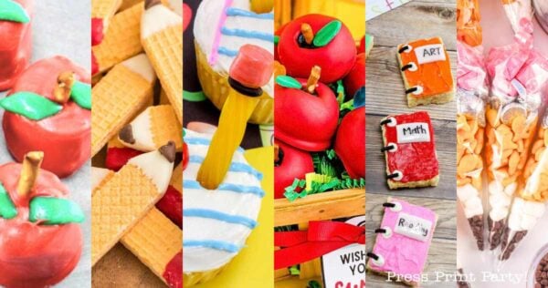 A collage of colorful back to school treats for students, featuring apple-shaped snacks, wafer pencils, cupcakes with pencil toppers, book-shaped cookies, and bags of candy, all arranged on vibrant backgrounds.