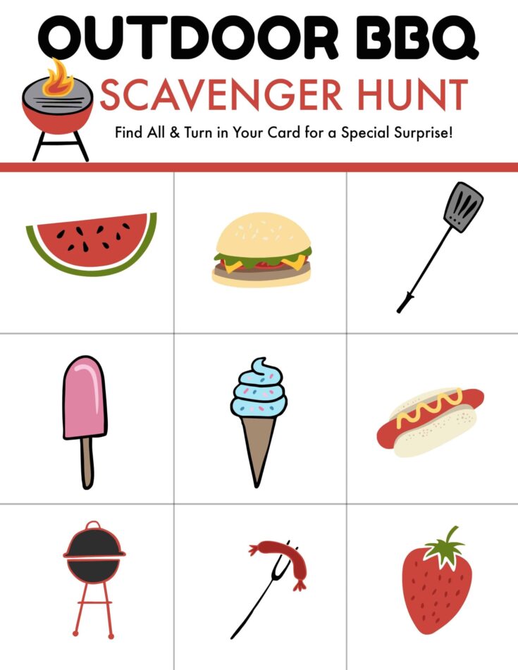 A colorful BBQ scavenger hunt card featuring cartoon images of a watermelon slice, burger, spatula, popsicle, ice cream cone, hot dog, grill, roasting sausage on a stick, and a strawberry in a 3x3 grid.