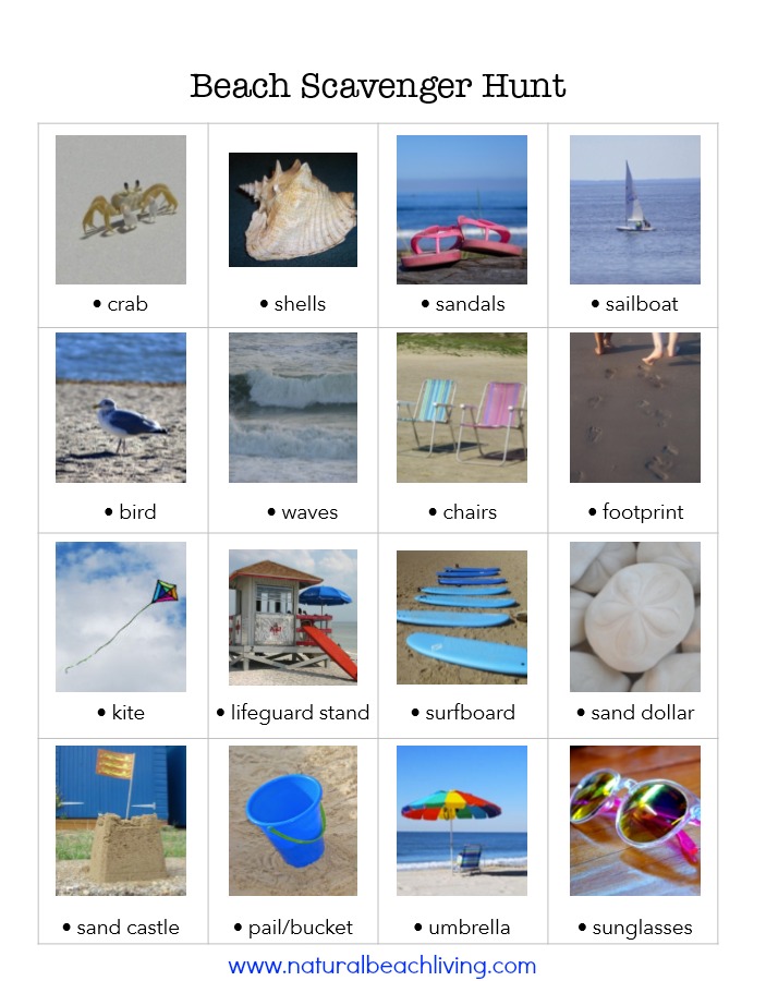 A beach scavenger hunt chart with 16 labeled photos in a grid, showing a crab, shells, sandals, sailboat, bird, waves, chairs, footprint, kite, lifeguard stand, surfboard, sand dollar, sandcastle, bucket, umbrella, and sunglasses.