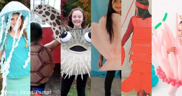 Six children wear creative under the sea costume ideas—jellyfish, sea turtle, crab, pufferfish, shrimp, and coral—each posing playfully against vibrant backgrounds and sharing bright smiles.