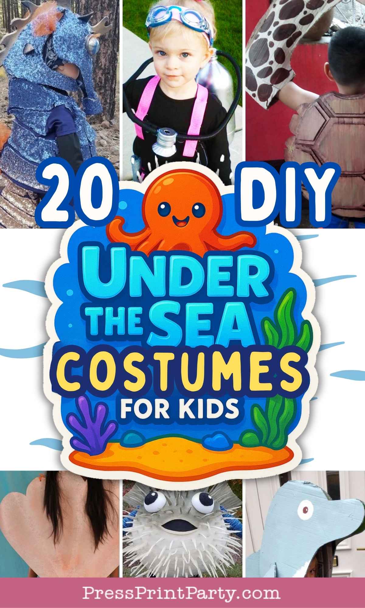 A collage featuring kids in creative sea-themed costumes like a fish and jellyfish, surrounding a sign that reads "20 DIY Under the Sea Costumes for Kids" with an orange cartoon octopus—perfect for under the sea costume ideas.