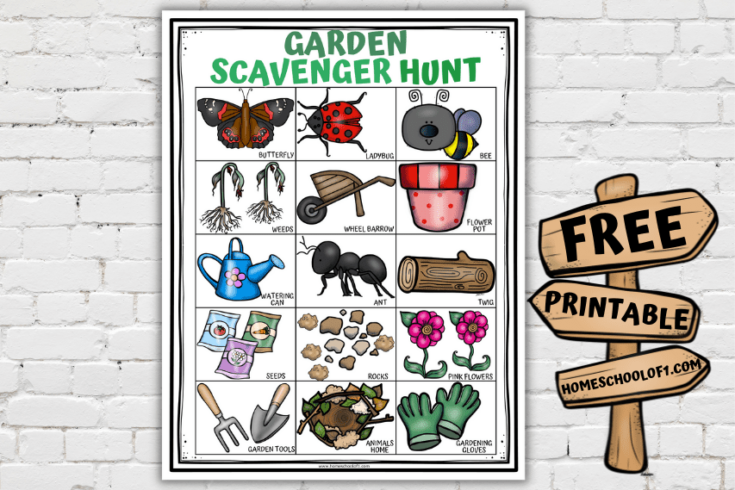 A colorful garden scavenger hunt chart with images and labels for items like butterfly, ladybird, bee, weeds, wheelbarrow, flower pot, watering can, ant, twig, seeds, rocks, pink flowers, garden tools, animal home, and gloves.