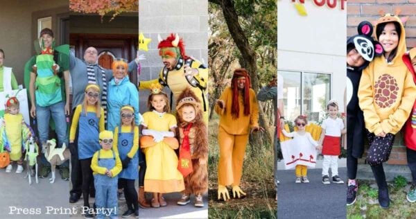 A collage of families wearing creative group costumes, featuring family costume ideas like Toy Story, Minions, Beauty and the Beast, The Lion King, chicken costumes, and animal hoodies.