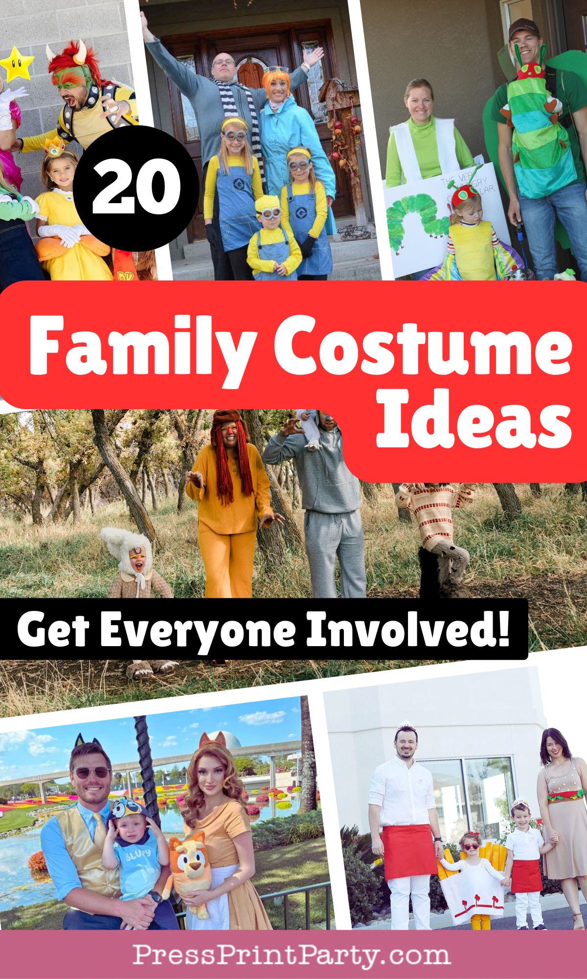 A collage of families in colorful themed costumes, with text: "20 Family Costume Ideas. Get Everyone Involved!" and "PressPrintParty.com." Find creative family costume ideas as each group wears matching or coordinated outfits from various characters.