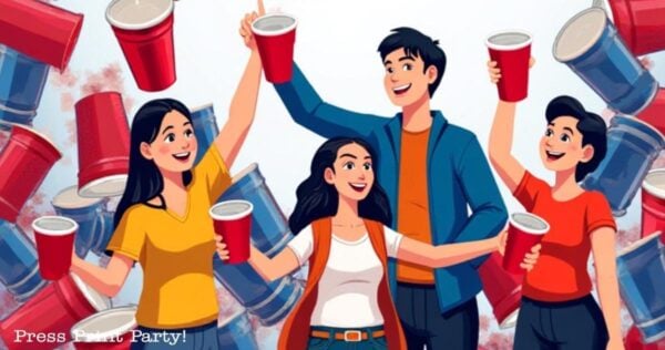 Four smiling young people holding red plastic cups and raising them in celebration, with many red and blue cups floating in the background. The scene appears festive and lively.