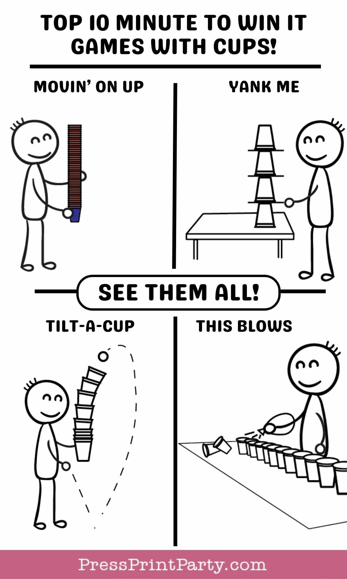 A cartoon shows stick figures playing four different cup games: stacking cups high, pulling cups from a tower, tilting stacked cups, and blowing cups across a table. Text reads โTop 10 Minute to Win It Games with Cups.โ.