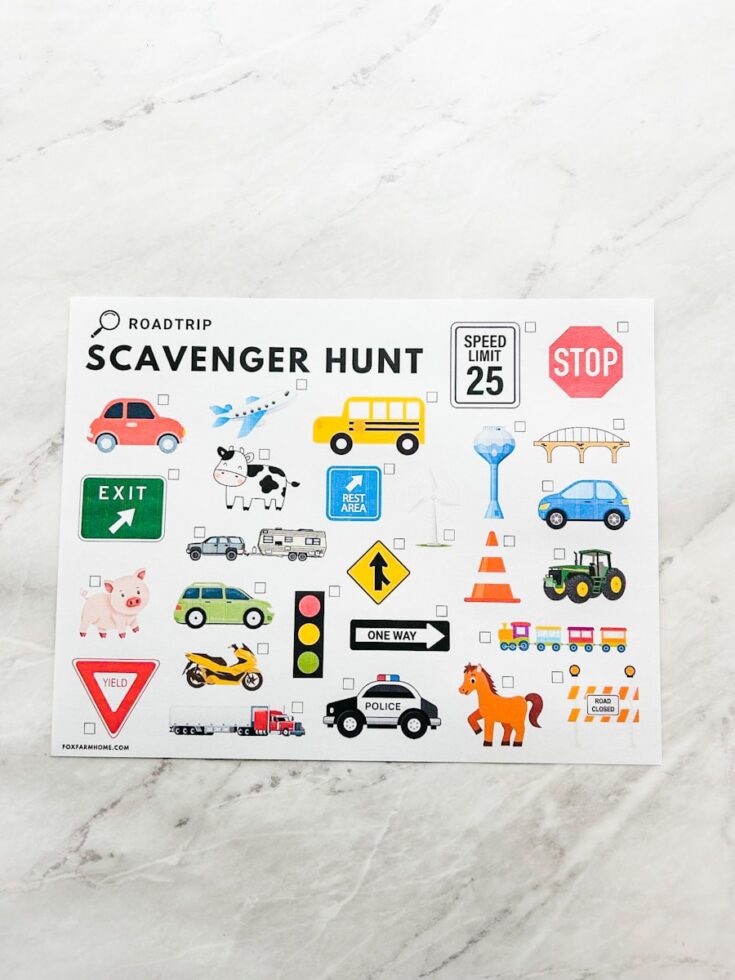 A road trip scavenger hunt sheet with colorful illustrations of items to find, including cars, a bus, cow, traffic signs, stoplight, pig, tractor, horse, and construction cones, all on a white marble background.
