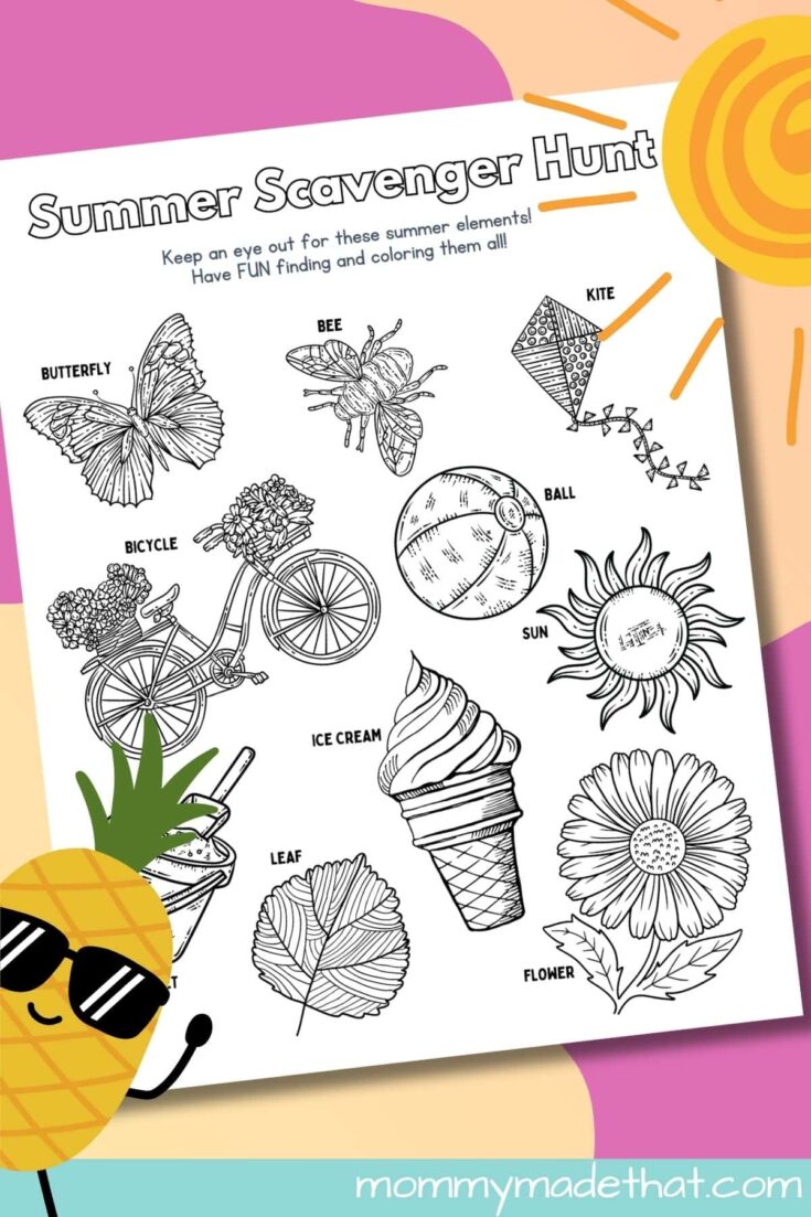 A printable summer scavenger hunt coloring page for kids featuring outlined drawings of a butterfly, bee, bicycle, beach ball, sun, ice cream, leaf, flower, and the words “Summer Scavenger Hunt” at the top.