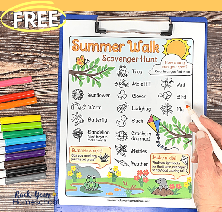 A hand holds a pen over a "Summer Walk Scavenger Hunt" sheet on a clipboard, surrounded by colorful markers. The sheet lists nature items to find, with cute animal and plant illustrations. Text promotes fun outdoor activities for kids.