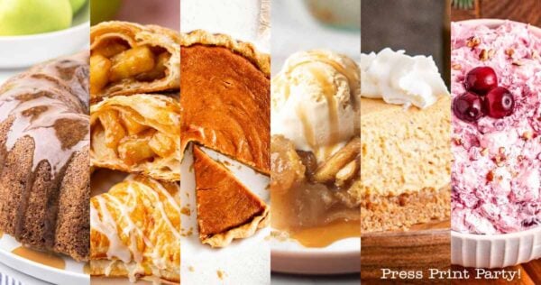 A collage of easy Thanksgiving desserts: apple bundt cake, apple turnovers, pumpkin pie, apple pie with ice cream, cheesecake with whipped cream, and pink cranberry fluff salad topped with cherries.