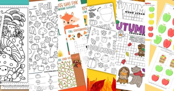 A collage of Free Fall Activity Pages for Kids, featuring printable coloring sheets, mazes, word searches, crossword puzzles, and matching games with leaves, pumpkins, apples, and woodland animals.