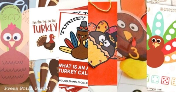 A collage of Thanksgiving-themed crafts and games featuring cartoon turkeys, colorful feathers, and festive decorations—perfect Thanksgiving activities for kids.