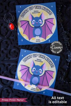 A Cute Ghost Halloween Gift Card Holder with a cartoon bat, purple wings, and