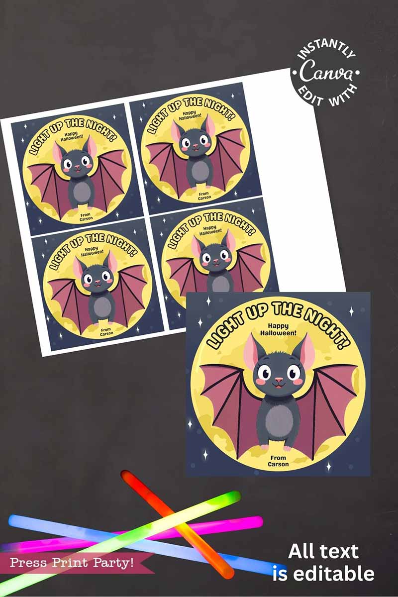The Cute Ghost Halloween Gift Card Holder (Copy) is a printable sheet with four square cards featuring a smiling cartoon bat, "Light Up the Night!" text, yellow moon backgrounds, and room for glow sticks. Editing tool notes are included at the bottom.