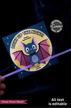 A hand holds the Cute Ghost Halloween Gift Card Holder featuring a cartoon bat, yellow moon, and editable text: