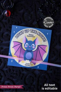 The Cute Ghost Halloween Gift Card Holder (Copy) is a square card with a cartoon bat, pink wings, stars, and "Light Up The Night! Happy Halloween." It holds a glow stick and gift card, and all text is editable. Perfect for Halloween gifting!.
