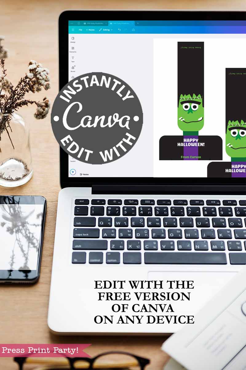 A laptop shows the Cute Ghost Halloween Gift Card Holder design in Canva, beside a phone, notepad, and flowers. Overlaid text reads: "Instantly edit with Canva. Use the free version of Canva on any device.”.