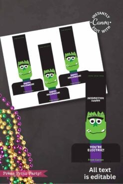 The Cute Ghost Halloween Gift Card Holder features a printable card with a cartoon ghost and Frankenstein’s monster, “Happy Halloween! You’re electric!” text, and an editable gift card holder on a black background with colorful beads.