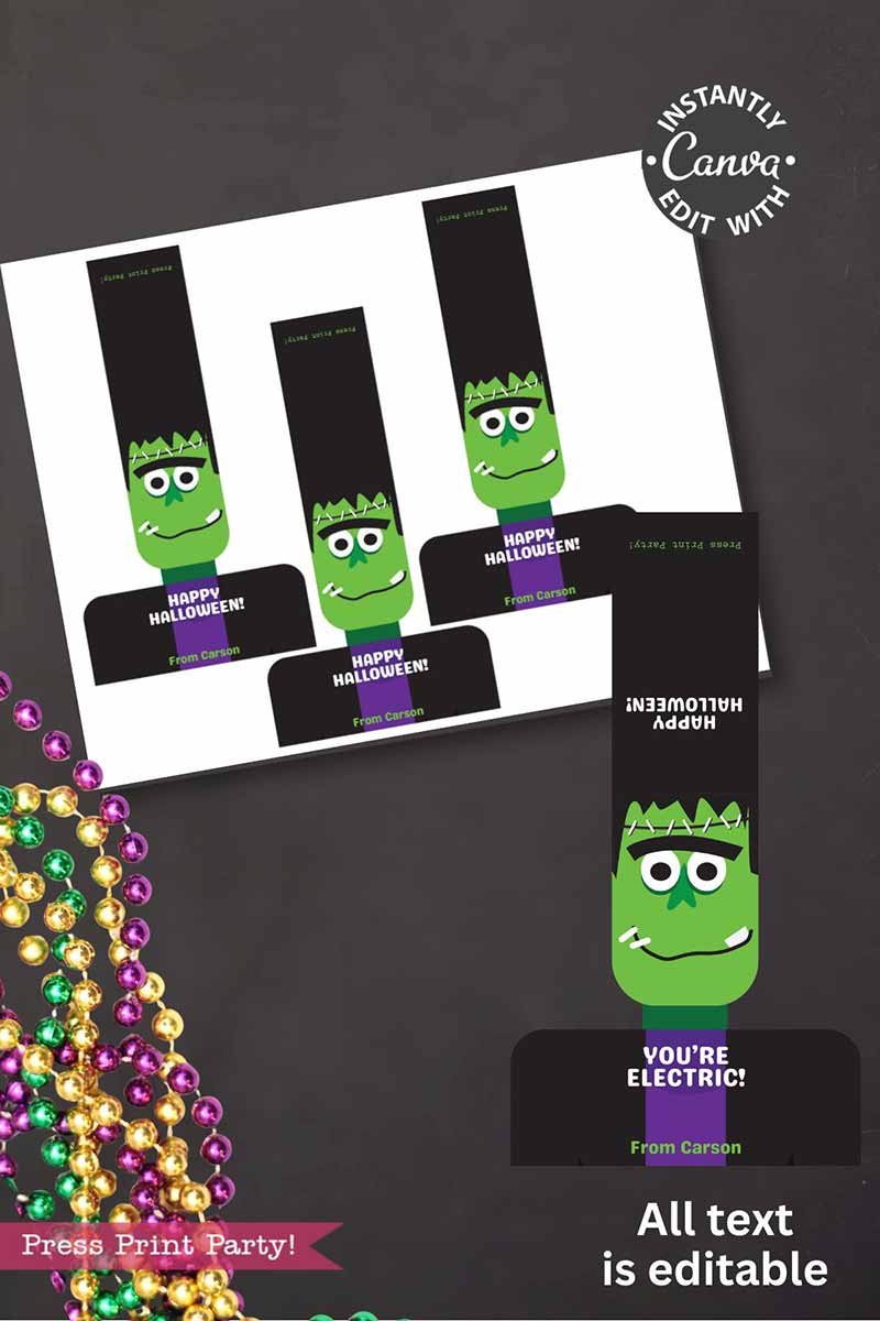 The Cute Ghost Halloween Gift Card Holder features a printable card with a cartoon ghost and Frankenstein’s monster, “Happy Halloween! You’re electric!” text, and an editable gift card holder on a black background with colorful beads.
