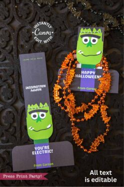 The Cute Ghost Halloween Gift Card Holder includes two printable tags—a green Frankenstein face and an orange bat necklace—reading
