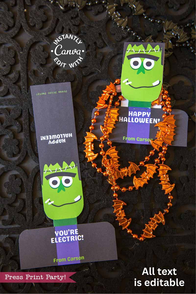 The Cute Ghost Halloween Gift Card Holder includes two printable tags—a green Frankenstein face and an orange bat necklace—reading "HAPPY HALLOWEEN!" and "YOU'RE ELECTRIC!" All text is editable for a spooky, customizable touch.