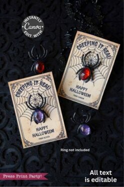 The Cute Ghost Halloween Gift Card Holder features two ghost designs with spider rings and gemstone accents on a black background. The editable cards read βCreeping It Realβ and βHappy Halloween.β.