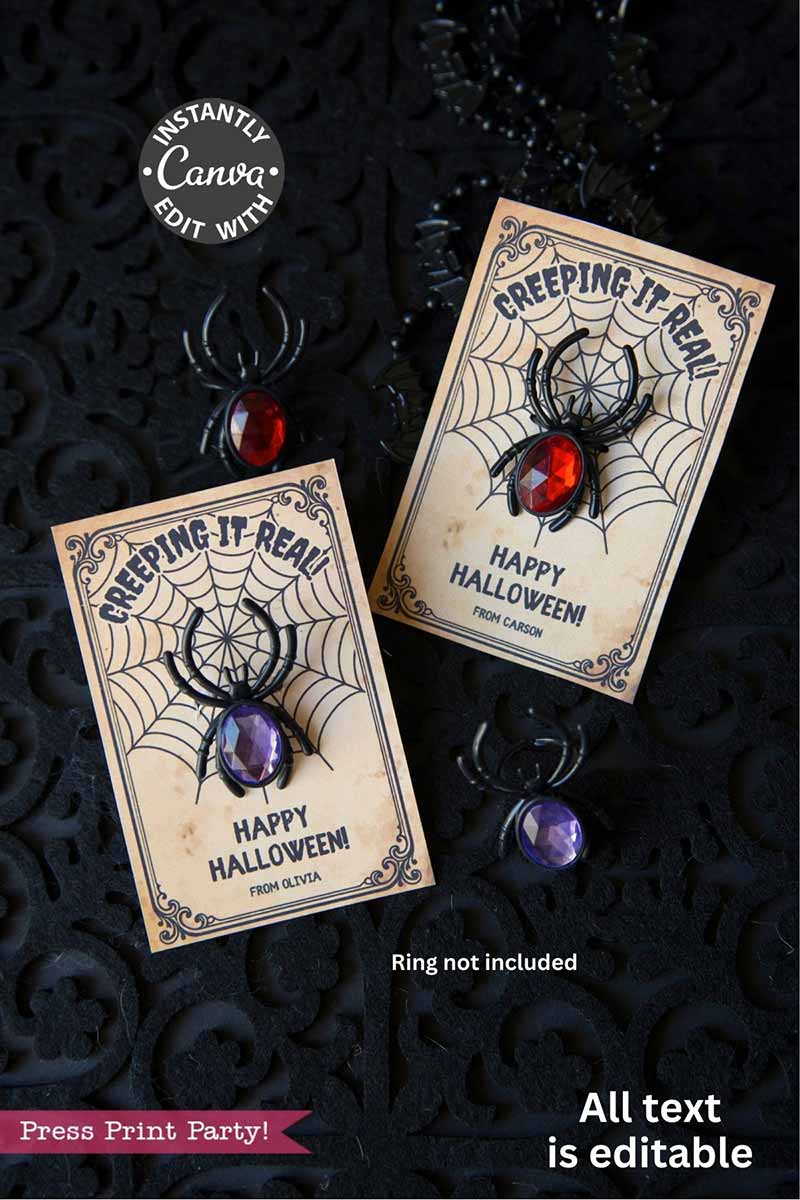 The Cute Ghost Halloween Gift Card Holder features two ghost designs with spider rings and gemstone accents on a black background. The editable cards read βCreeping It Realβ and βHappy Halloween.β.