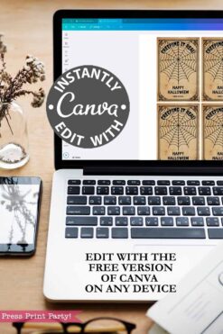 A laptop with the Cute Ghost Halloween Gift Card Holder (Copy) Canva design sits on a desk alongside a notepad, pen, phone, and water. Text overlay highlights editing with Canvaβeven the free versionβon any device.