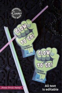 The Cute Ghost Halloween Gift Card Holder features two neon glow sticks threaded through green fist cutouts labeled 