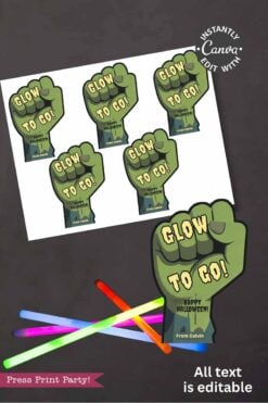 The Cute Ghost Halloween Gift Card Holder (Copy) includes printable fist-shaped tags with "Glow To Go! Happy Halloween! From Calvin," glow sticks, and a note that all text is editable. Instantly edit in Canva.