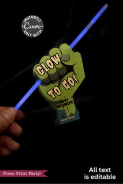 A hand holds the Cute Ghost Halloween Gift Card Holder featuring a blue glow stick in a green paper fist. The holder says 