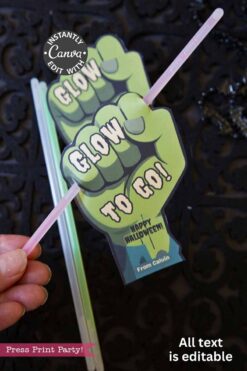 A hand holds a Cute Ghost Halloween Gift Card Holder (Copy) attached to a glow stick, with editable text—great for Halloween gifts. Several glow sticks are in the background.