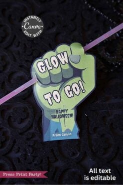 A Cute Ghost Halloween Gift Card Holder features a green cartoon fist holding a βGlow To Go! Happy Halloween! From Caluinβ sign, attached to a glow stick. Instantly edit with Canvaβall text is editable.