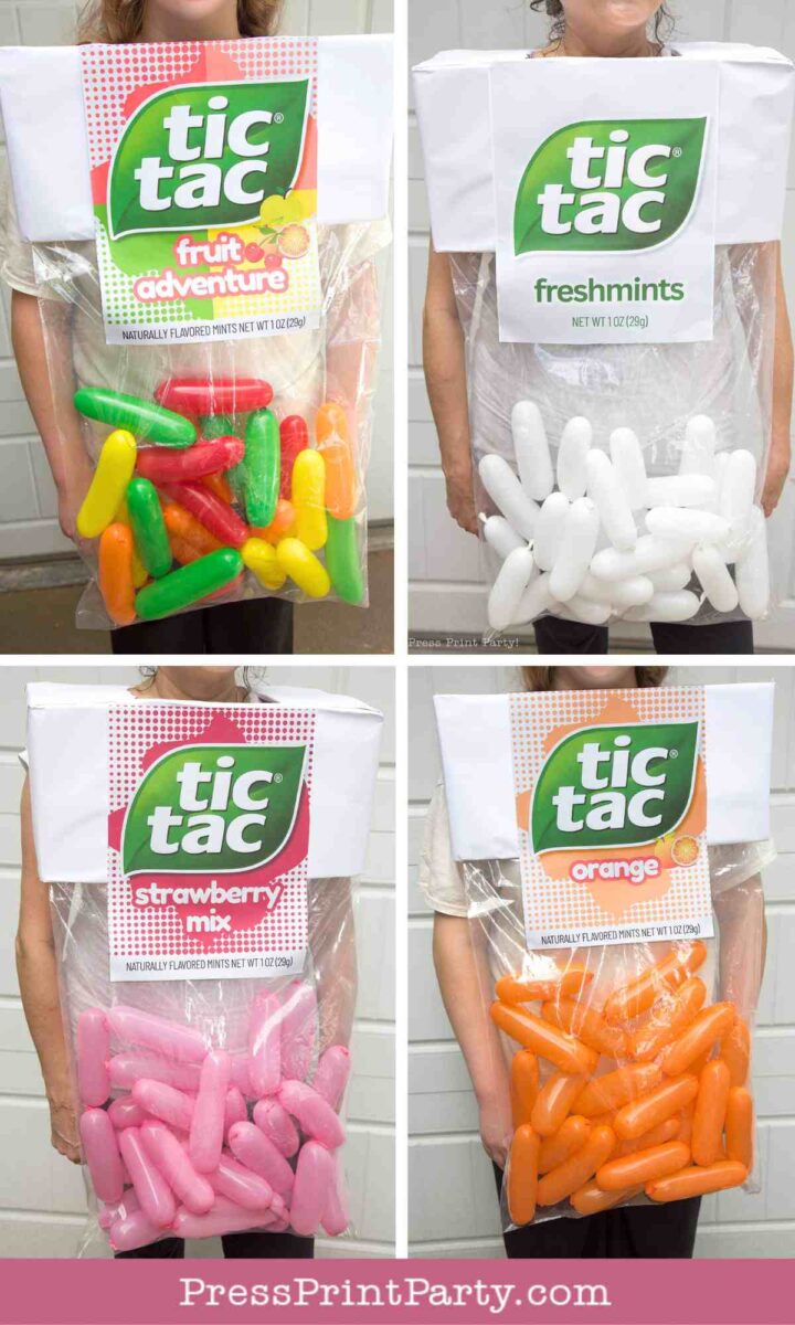 Four people wear large DIY Tic Tac costume bags with colored balloon "Tic Tacs." The bags are labeled as Fruit Adventure, Freshmints, Strawberry Mix, and Orange, each matching the balloon colors inside.