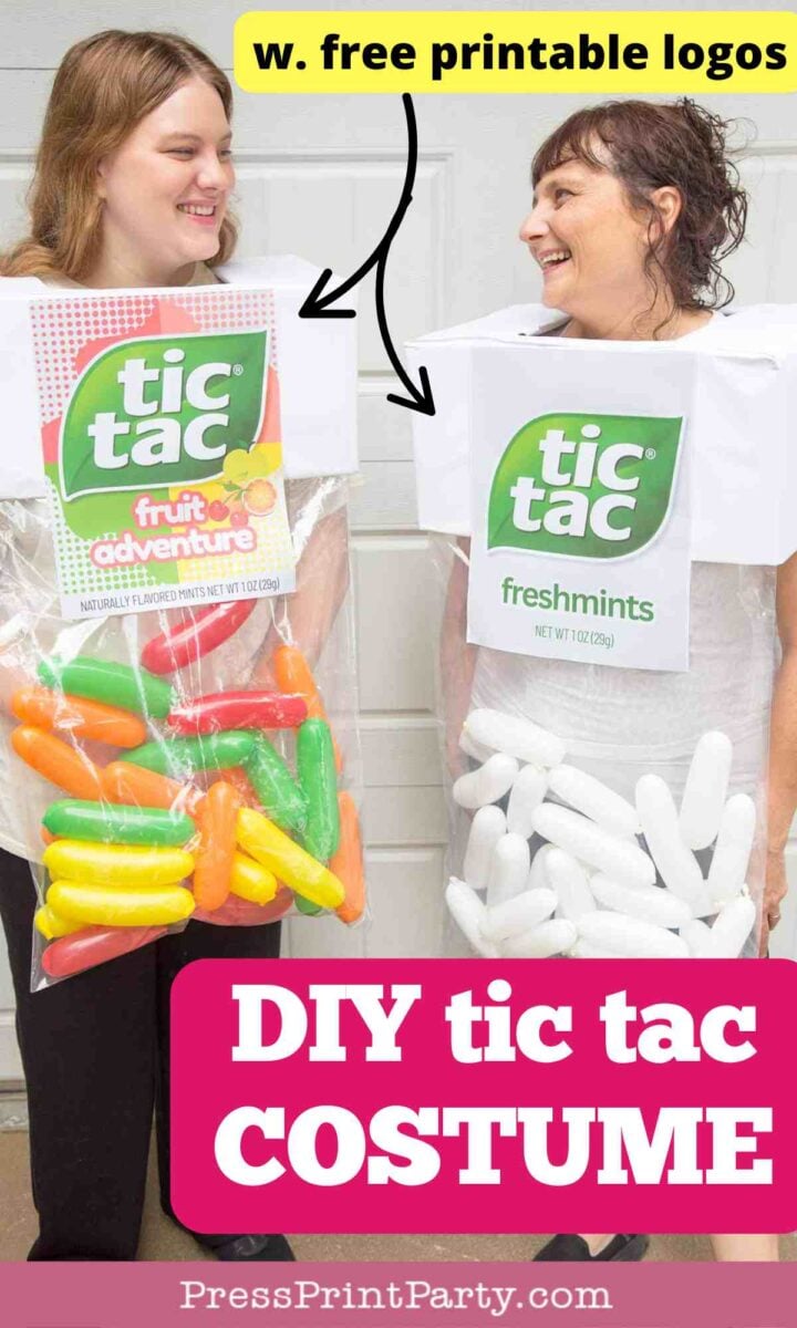 Two women wear homemade Tic Tac costumes, one as fruit adventure with colorful balloons, the other as freshmints with white balloons, both smiling. Text reads: "DIY tic tac COSTUME" and “w. free printable logos”.