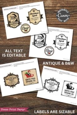 Vintage Christmas Stickers Printable - Set 1 features printable, editable apothecary-style labels with vintage designs like “St. Nicholas,” “Christmas Spirit,” “Elixir,” “Mulled Wine Spices,” and “North Pole Trading Co.”.