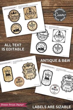 Vintage Christmas Stickers Printable - Set 1: Four sheets of vintage-style labels with toys, Christmas trees, holiday cheer, and holly. Includes color & B&W designs, editable/resizable text in Canva. Canva logo included.