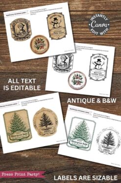 Vintage Christmas Stickers Printable - Set 1: Four sheets of color and black-and-white vintage-style labels with trees, toys, festive text, editable overlays, antique look, and multiple label sizes.